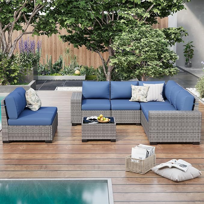 Outdoor Patio Furniture Set, 8‘’ Wide armrest Outdoor Sectional Rattan Sofa Set, Wicker Patio Furniture Sets w/Coffee Table,Thick Cushions and Cover for Porch, Balcony,8 PCS(Grey&Navy)