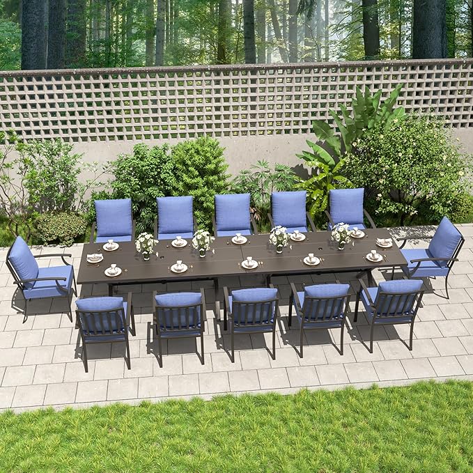 Kullavik 14 Pieces Outdoor Dining Set,Patio Dining Table and Chairs Set for 12,Fence Pattern Back Chairs with Thickened Cushions & Rectangular Metal Dining Table with Umbrella Hole for Patio,Navy Blue