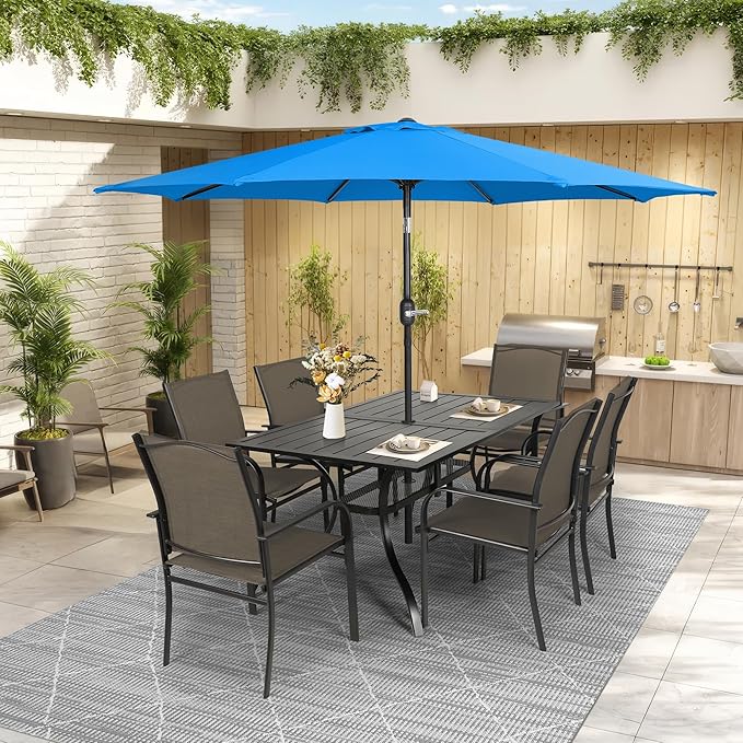 Crownland 7 Piece Patio Dining Set, Textilene Dining Sets, 6 Textilene Metal Chairs and Rectangular Outdoor Dining Table with Sky Blue 9FT Round Outdoor Umbrella (Brown)