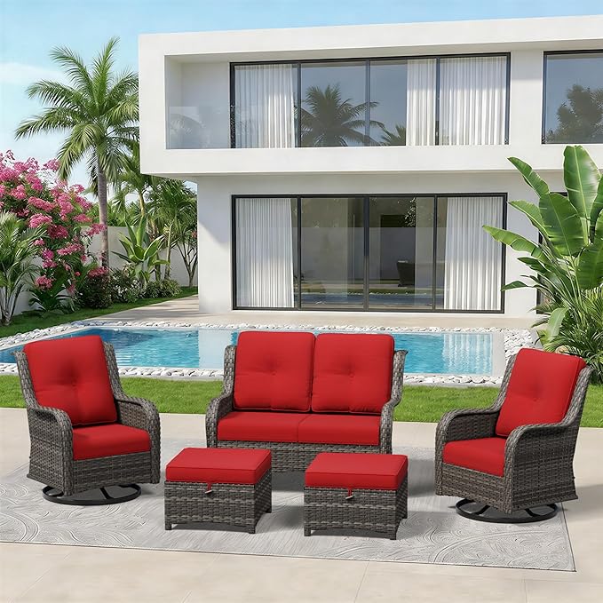 5 Piece Outdoor Wicker Patio Furniture Set, Outdoor Swivel Rocker Patio Chairs Set with Thickened Olefin Cushions, High Back and Deep Seating, Hand-Woven PE Rattan for Porch, Deck