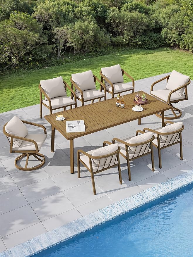 9-Piece Outdoor Dining Set for 8, Never-Rust Aluminum Patio Dining Set with 2 Swivel Chairs, Outdoor Table and Chairs with Removable Cushions, Patio Furniture Set for Deck, Garden, Porch, Teak