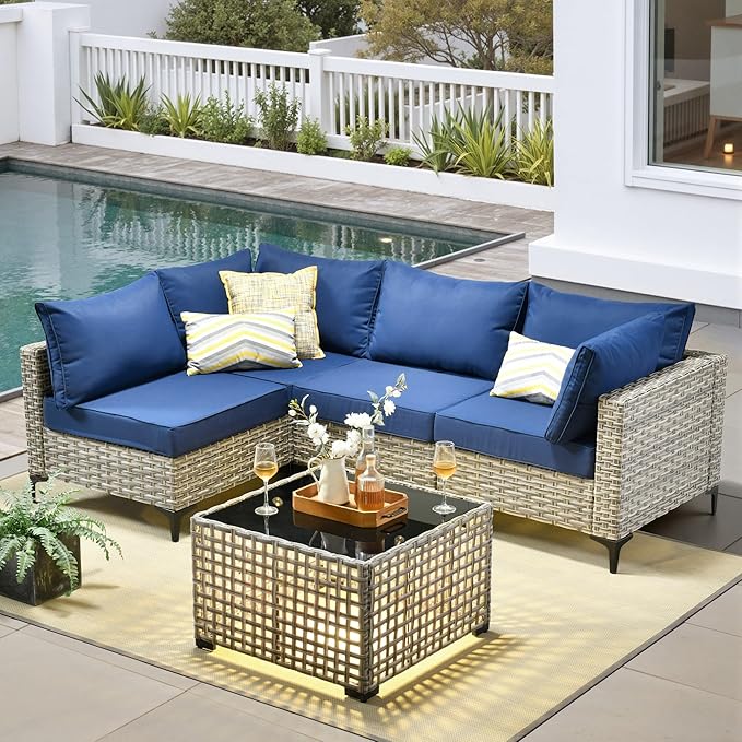 5 Pieces Patio Furniture Set with Solar Light Coffee Table, All-Weather Rattan Outdoor Sectional Conversation Sets L Shaped Sofas for Outside Porch Balcony Backyard Navy Blue