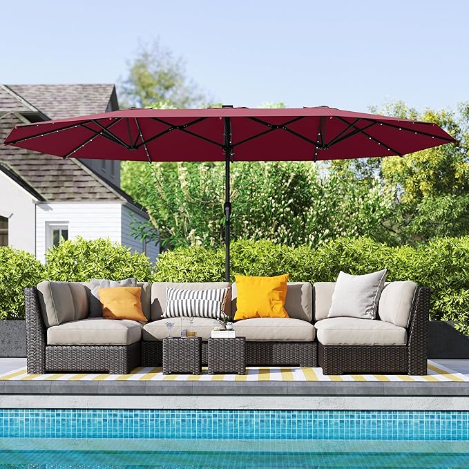 Outsunny 14.8ft Double Umbrella, Large Outdoor Patio Sun Shade with LED Solar Light for Garden