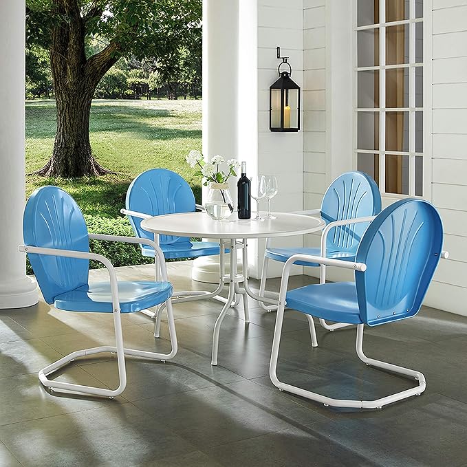 Crosley Furniture Griffith 5-Piece Outdoor Dining Set for 4, Retro Metal Round Patio Table and Chairs, Sky Blue