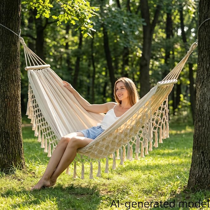 Bohemian Canvas Hammock with Tassels, 79"x39", 300 lbs, White | Soft Breathable Cotton Canvas Hammock,79x39in,2 Hanging Straps Wooden Bar;3 colors,compact for students renters dorm balcony