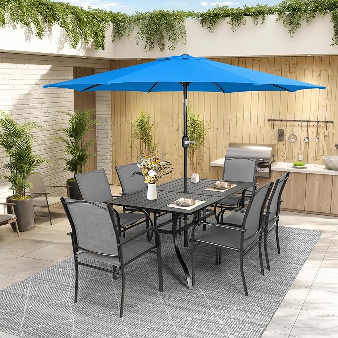 Crownland 7 Piece Patio Dining Set, Textilene Dining Sets, 6 Textilene Metal Chairs and Rectangular Outdoor Dining Table with Sky Blue 9FT Round Outdoor Umbrella (Grey)