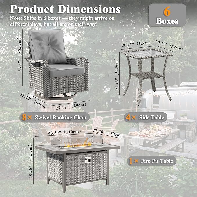 13 Piece Wicker Patio Furniture Set with 55,000 BTU Fire Pit Table, Swivel Rocking Chairs, 4''Cushions, PE Rattan, Wind Guard Glass, for Backyard, Deck or Balcony, Grey