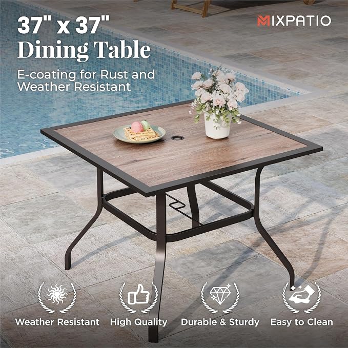 MIXPATIO 5 Pieces Patio Table and Chairs Set, 4 Person Outdoor Dining Furniture Set, 4 Brown Textilene Chairs and 37" Wood-Like Table Top Table with Umbrella Hole, for Deck Backyard Lawn