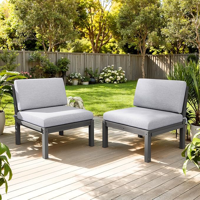 Modular Outdoor Patio Furniture Armless Seat, HIPS All-Weather Outdoor Sectional Sofa with High-Density Thick Cushions, Easy Side Interlock, Patio Seat for Backyard, Balcony, Deck (Grey)