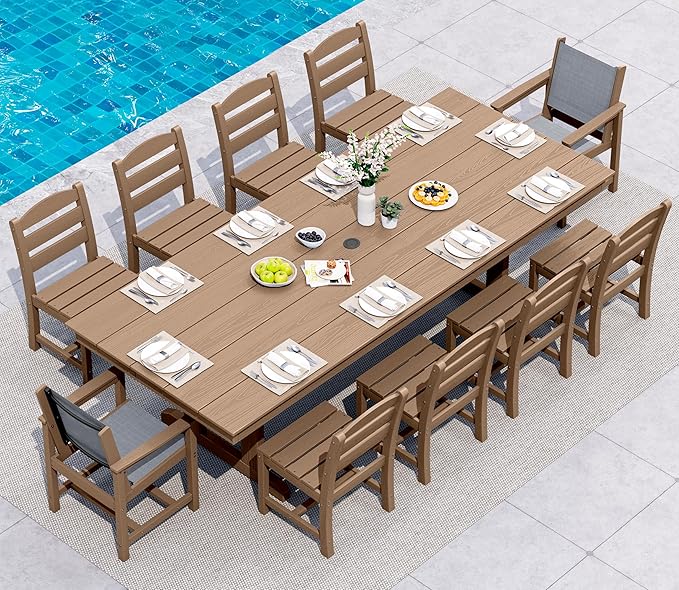 SERWALL Outdoor Dining Chairs Set of 2, All-Weather HDPE Textilene Sling Dining Chair for Backyard, Garden, Brown