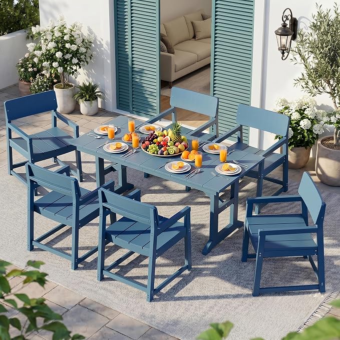 Vongrasig 7 Pieces Patio Dining Set, All Weather Outdoor HDPE Dining Furniture Set with Table and Chairs for 6, Patio Furniture Set with Umbrella Hole for Lawn, Backyard, Poolside, Blue