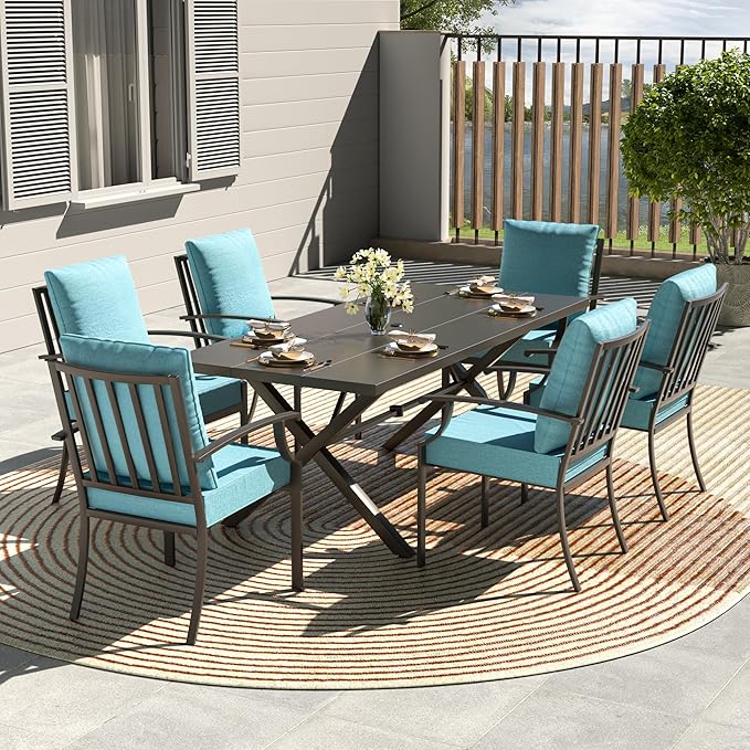 Kullavik 7 Pieces Outdoor Dining Set,Patio Dining Table and Chairs Set for 6,Fence Pattern Back Chairs with Thickened Cushions & Rectangular Metal Dining Table with Umbrella Hole for Patio,Blue