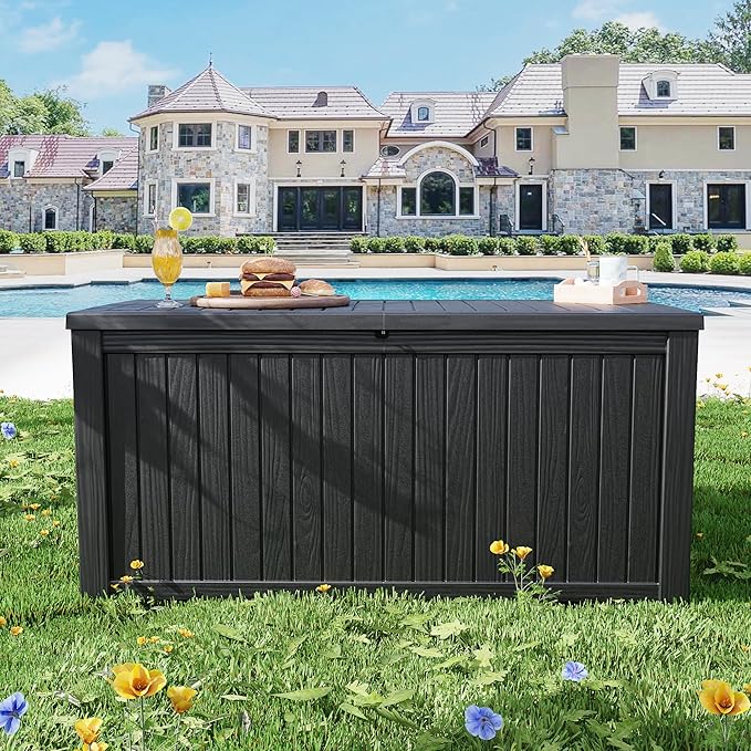 200 Gallon Resin Deck Box, Outdoor Indoor Waterproof Storage Box, Lockable Storage Box With Handle for Patio Furniture - Garden Tools - Swimming Pool Tools & UV Resistant, Black