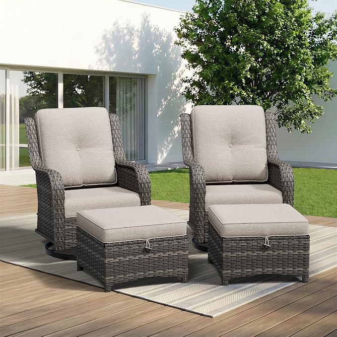 4 Piece Outdoor Wicker Patio Furniture Set, Outdoor Swivel Rocker Patio Chairs Set with Thickened Olefin Cushions, High Back and Deep Seating, Hand-Woven PE Rattan, Ottoman for Porch, Deck