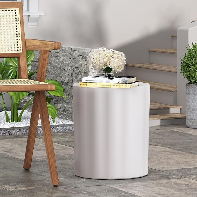 Concrete Side Table Outdoor Faux Stone End Table, Round Outdoor Accent Tables Patio Garden Stool Plant Stand for Porch, Backyard Patio Cylinder, White-Stripe