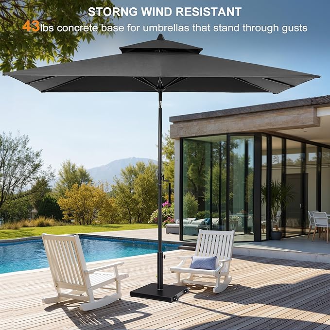9-10ft Patio Umbrella with Base Included - Outdoor Table Umbrella with 2-Year Fade-Resistant Canopy, 43-lb Heavy-Duty Concrete Umbrella Stand with Wheel for Deck, Porch & Backyard
