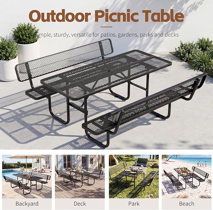 72" Rectangular Metal Picnic Table with Backrest, Commercial Steel Picnic Tables with 1.73" Umbrella Hole, Heavy Duty Picnic Tables for Outdoor Garden Courtyard BBQ, Black
