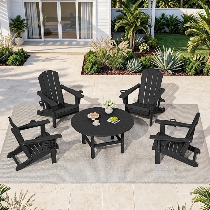 SERWALL 6-Piece Patio Set, 4 Folding Adirondack Chairs with Cup Holders, Round Table & Center Pole Umbrella, HDPE Plastic, Black