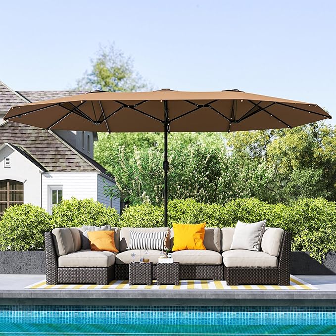 Outsunny 14.4ft Large Patio Umbrella with 36 Solar LED Lights, Double Sided Outdoor Umbrella with Base Included