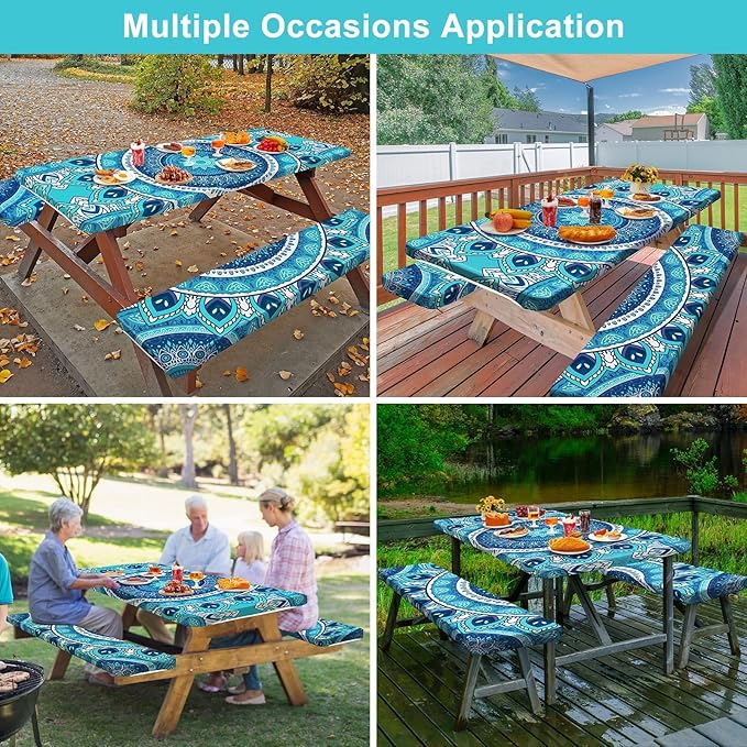 Picnic Table Cover with Bench Covers Camping Essentials Waterproof Windproof Camping Tablecloth with Drawstring Bag, Fitted Rectangle Tables and Seats, 72in, Air Superiority Blue