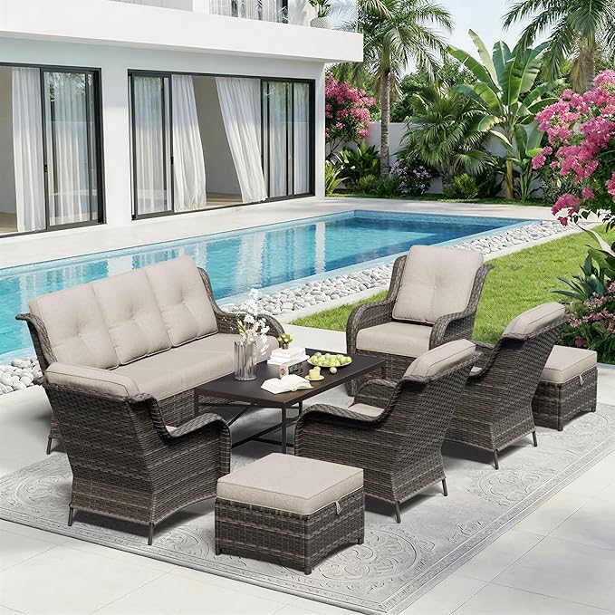 8 Piece Outdoor Wicker Patio Furniture Set, Patio Chairs Set with Thickened Olefin Cushions, High Back and Deep Seating, Hand-Woven PE Rattan, Ottoman for Porch, Deck