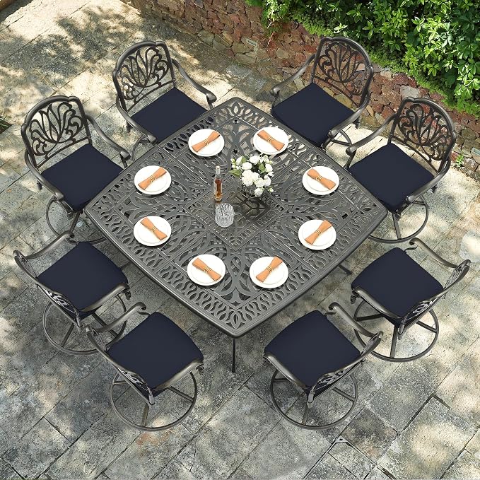 VIVIJASON 9-Piece Outdoor Furniture Dining Set for 8, All-Weather Cast Aluminum Patio Table and Chairs Set with 8 Swivel Rocker Chairs, 64" Large Square Dining Table with 2.2" Umbrella Hole, Navy Blue