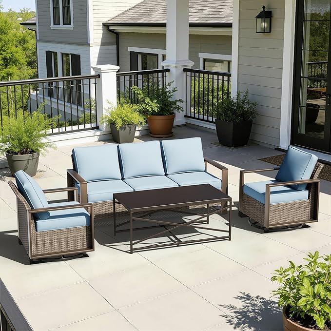 4 Pieces Patio Furniture Set with Wicker 75" Sofa, Two Swivel Rocker Chairs, One Coffee Table, Outdoor Conversation Furniture Set with Metal Armrest & Removable Cushions for Deck, Baby Blue