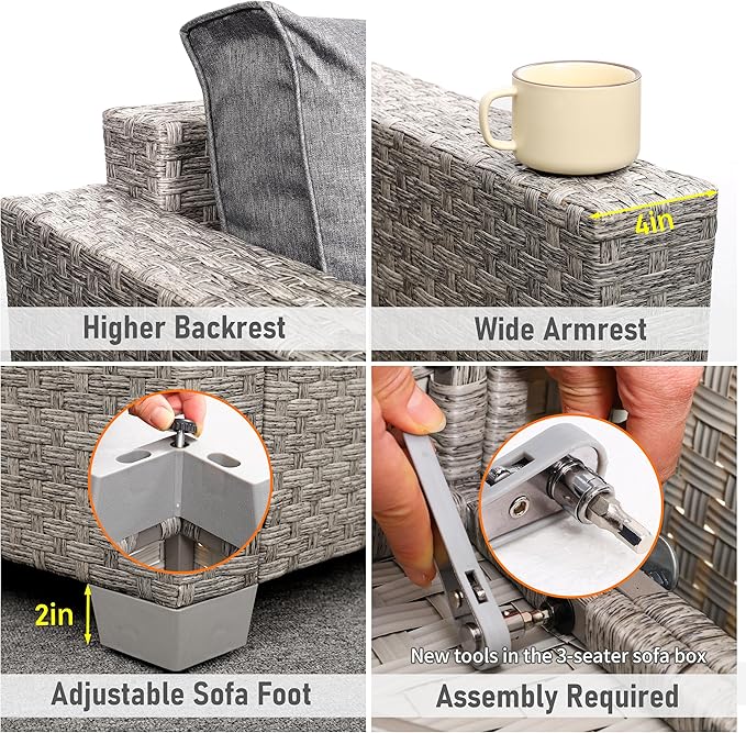 WAROOM Patio Furniture Set 6 Piece PE Rattan Outdoor Conversation Sets Grey Wicker Couch Sectional Sofa with 30" Fire Pit Table and Grey Cushion