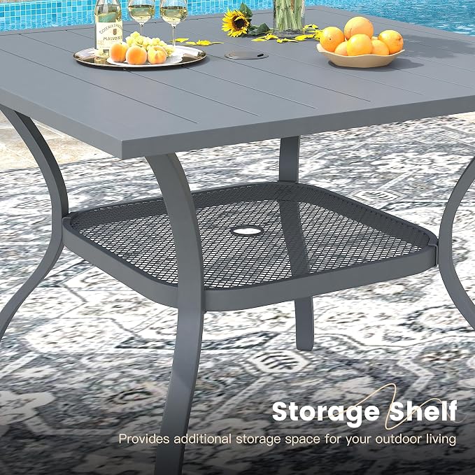 VICLLAX Outdoor Patio Dining Table for 4, Square Metal Table with Umbrella Hole and Storage Shelf for Garden, Lawn, Balcony, Deck, Dark Grey