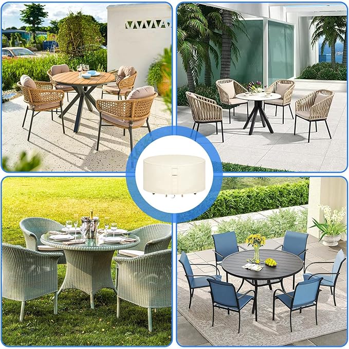 Round Patio Furniture Covers Waterproof, 80 Inch Outdoor High Round Table Cover, Tall Bar Height Outside Table and Chairs Set Covers for Winter, Rainproof Fadeproof - 80"Dia x 36"H, Beige
