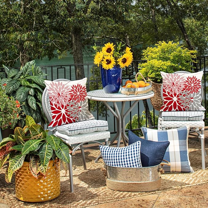 DFXSZ Outdoor Pillow Covers - 18x18 Inch Set of 2, Pink, Red, Grey Flower Decorative, Waterproof, Summer, Valentine's, Patio, Garden, Couch