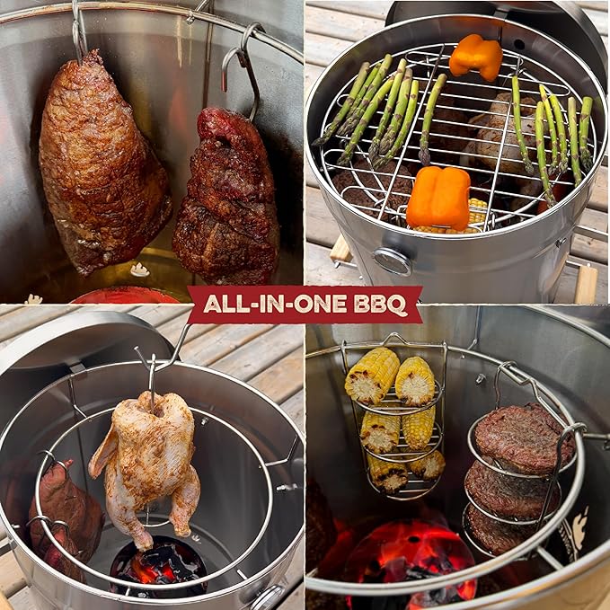 Barrel Smoker Grill Combo | 100% 304 Stainless Steel Barrel | 95% Less Smoke, Even Heat | Easy to Use & Clean – Vertical Smoker Ideal for Balconies and Backyards (MEDIUM-25 LBS)