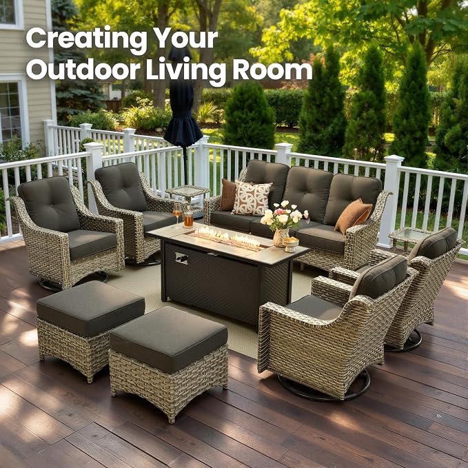 10 Piece Patio Furniture Set with Fire Pit Table, Outdoor Wicker High Back Sofa and Swivel Rocker Chairs Set of 4 with Ottoman, Large Conversation Sets for Backyard Deck Garden, Black