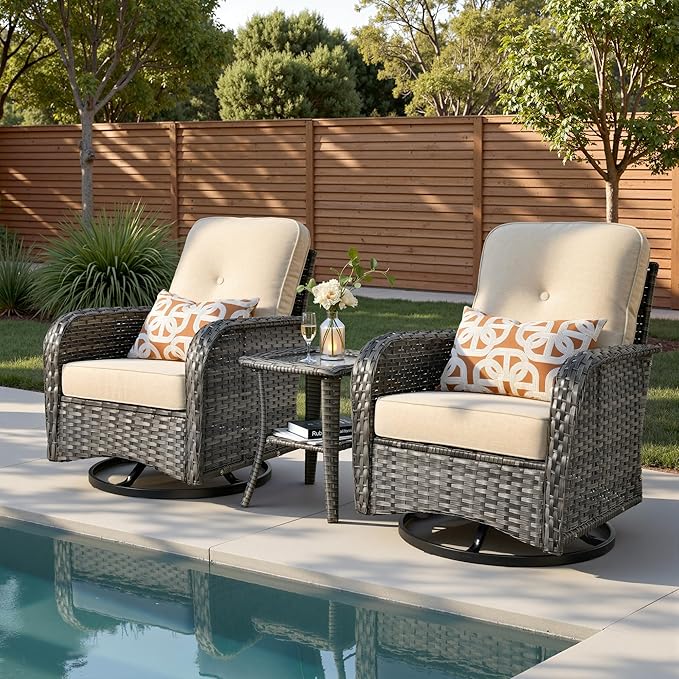 3-Piece Patio Furniture Set, Outdoor Wicker Furniture with Coffee Table, High Back Swivel Rocker Patio Chairs, Modern Rattan Outdoor Chairs Conversation Set for Porch, Balcony, Garden, Beige