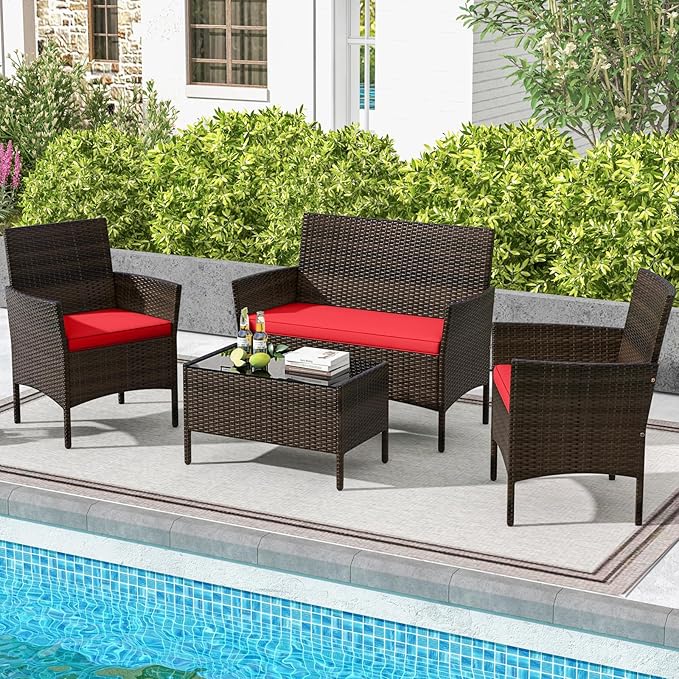 DORTALA 4-Piece Rattan Patio Furniture Set, Outdoor Table & Chair Set with Tempered Glass Coffee Table, Cushion, Wicker Conversation Set for Garden, Lawn, Poolside and Backyard, Red