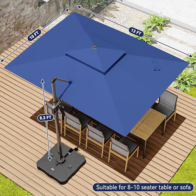 10x13 FT Cantilever Patio Umbrella with Base and Led Lights Double Top Outdoor Rectangular Large Heavy Duty Aluminum Offset Umbrellas with 7 Level Tilt 360-degree Rotation for Pool Garden Deck, Navy