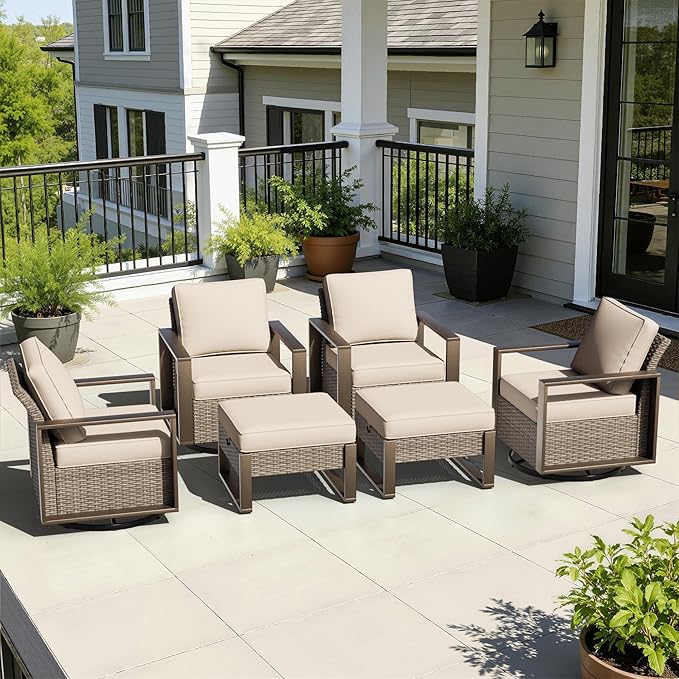 6 Pieces Metal Wicker Patio Furniture Set - Four Swivel Chairs and Two Ottomans, All Weather Rattan Outdoor Conversation Furniture with Washable Cushion for Deck Porch, Beige
