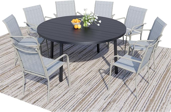 9-Piece Patio Furniture Set, Black Round Patio Table and Beige Chairs Set of 8, Outdoor Dining Set with Umbrella Hole for Garden, Yard, Patio