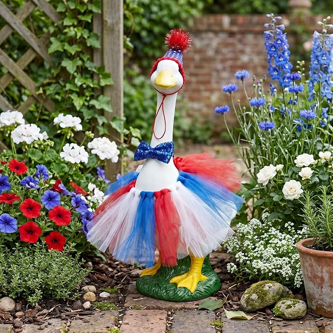 Porch Goose Statue Home Decor - 20" Large Resin Porch Goose with Independence Day Goose Outfits, Holiday Indoor or Outdoor Decorative Figurine for Garden,Lawn,Yard,Entryway Accent,Housewarming Gifts