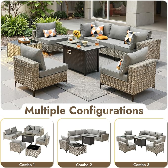 8 Pieces Patio Furniture Set with 42" Fire Pit, All-Weather Rattan Outdoor Sectional Conversation Sets L Shaped Sofas with Solar Light Coffee Table for Porch Balcony Backyard Dark Grey