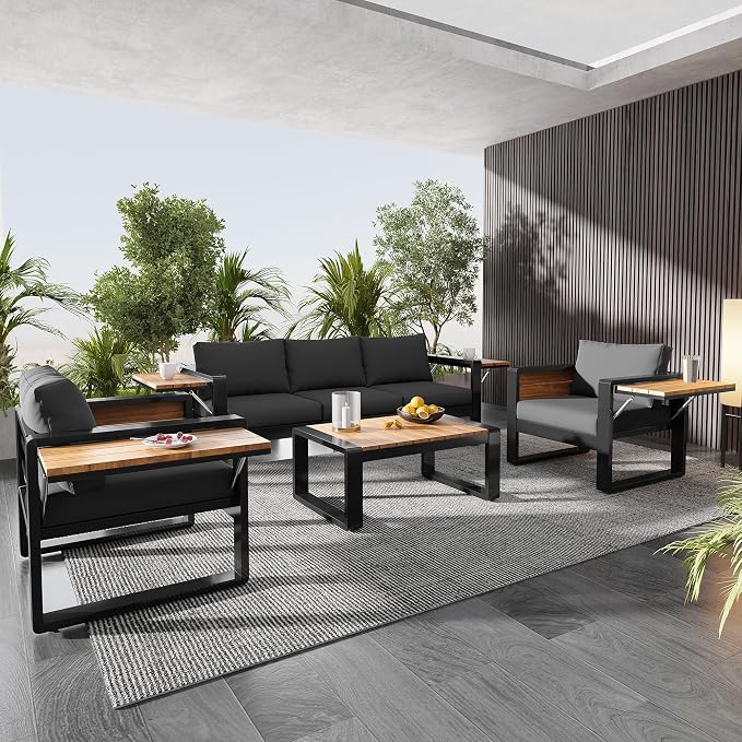 Merax Large 4-Piece Outdoor Patio Furniture Set for 5 Person, 3-Seater Sofa, 2 Armchairs with Fold-Out Side Tables, Aluminum Frame & Plastic-Wood, Modern Garden/Patio Seating, Grey Cushions
