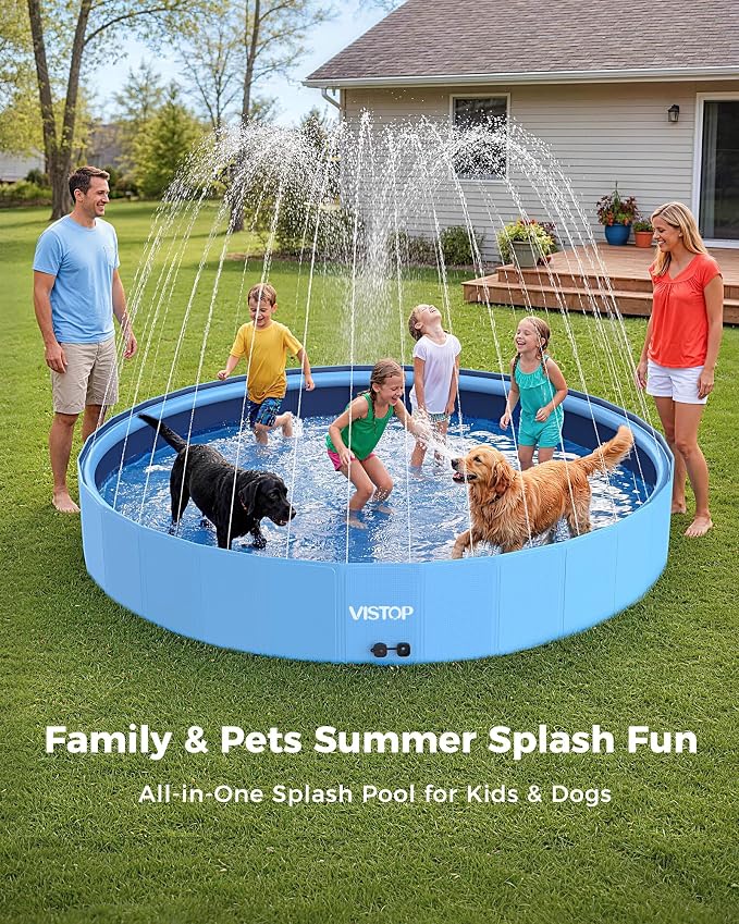 VISTOP 117" Extra Large Dog Pool with Sprinkler, Heavy Duty Foldable Hard Plastic Kiddie Pool, Non-Slip Collapsible Swimming Pool for Dogs, Kids & Pets, Portable Outdoor Backyard Water Play Tub