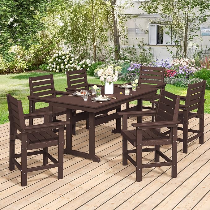 7 Piece Outdoor Dining Set, HDPS Patio Table and Chairs Set, 66" Patio Table with 1.96" Umbrella Hole & 6 Chairs, All Weather Furniture for Garden, Backyard, Poolside (Coffee Brown)