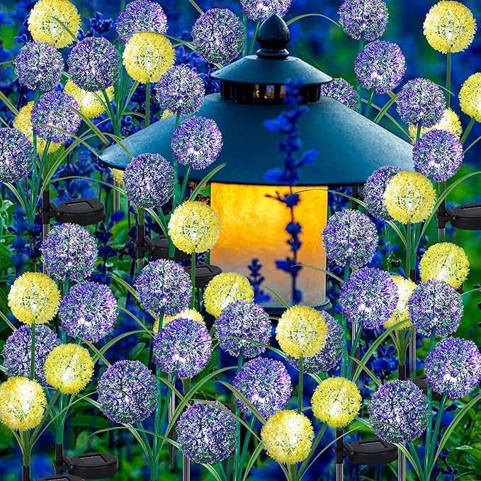 FORUP 2 Pack Solar Garden Stake Lights, Outdoor Solar Powered Lights in Dandelion Flower Design for Patio, Lawn, Garden, Yard Decoration, Yellow & White