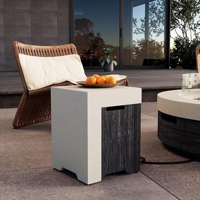 COSIEST Outdoor Propane Tank Cover Table with Wood Grain Design, 16 inch Outside Hideaway Tank Table, Hides Standard 20lb Tank, Black & White