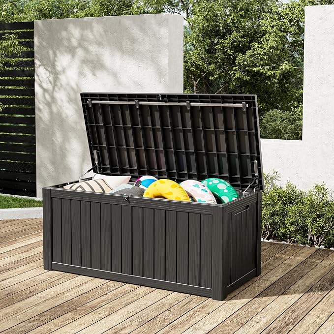 Outdoor Storage Box, 155 Gallon Resin Deck Boxes Outdoor Waterproof For Patio Furniture, Garden Tools, Pool Supplies, Lockable And UV Resistant (Striped Black)