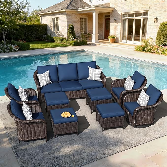 9 PCS Outdoor Conversation Set | 78" Couch, 2 Swivel Chairs, 2 Chairs, 4 Ottomans, Patio Wicker Conversation Furniture with Removable Cushions for Bistro, Deck, Sunroom (Navy Blue)