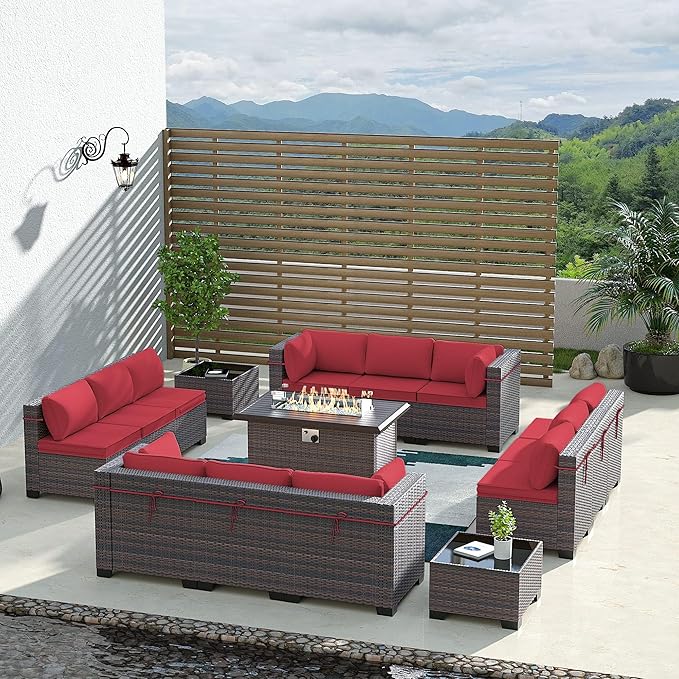 Outdoor Patio Furniture Set with Gas Fire Pit Table, 15 Pieces Outdoor Furniture Set Patio Sectional Sofa w/43in Propane Fire Pit, PE Wicker Rattan Patio Conversation Sets - Red.