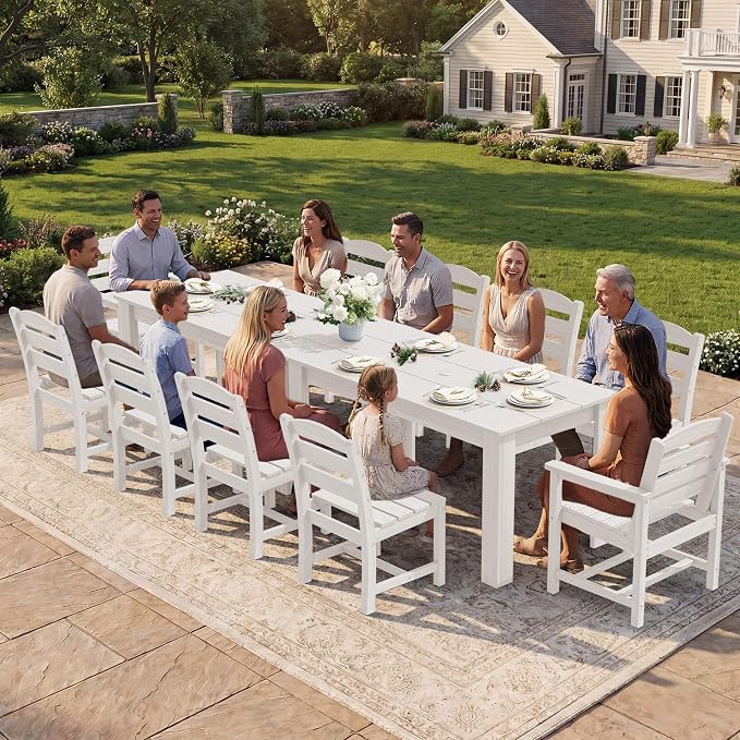 SERWALL 59" Patio Dining Set for 6, w/ 1 Table & 6 Chairs, White | Armless Patio Dining Sets for All Weather Use