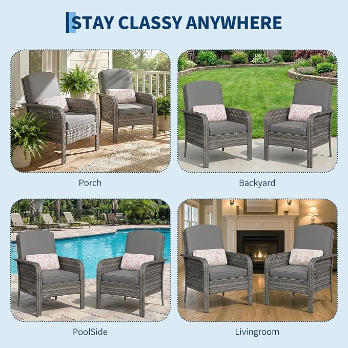 GarveeTech Outdoor Wicker Chairs, 2-Piece Grey Patio Furniture Set, All-Weather High-Back Rattan Chair with Thick Cushions for Deck, Porch, Balcony, Backyard, Garden